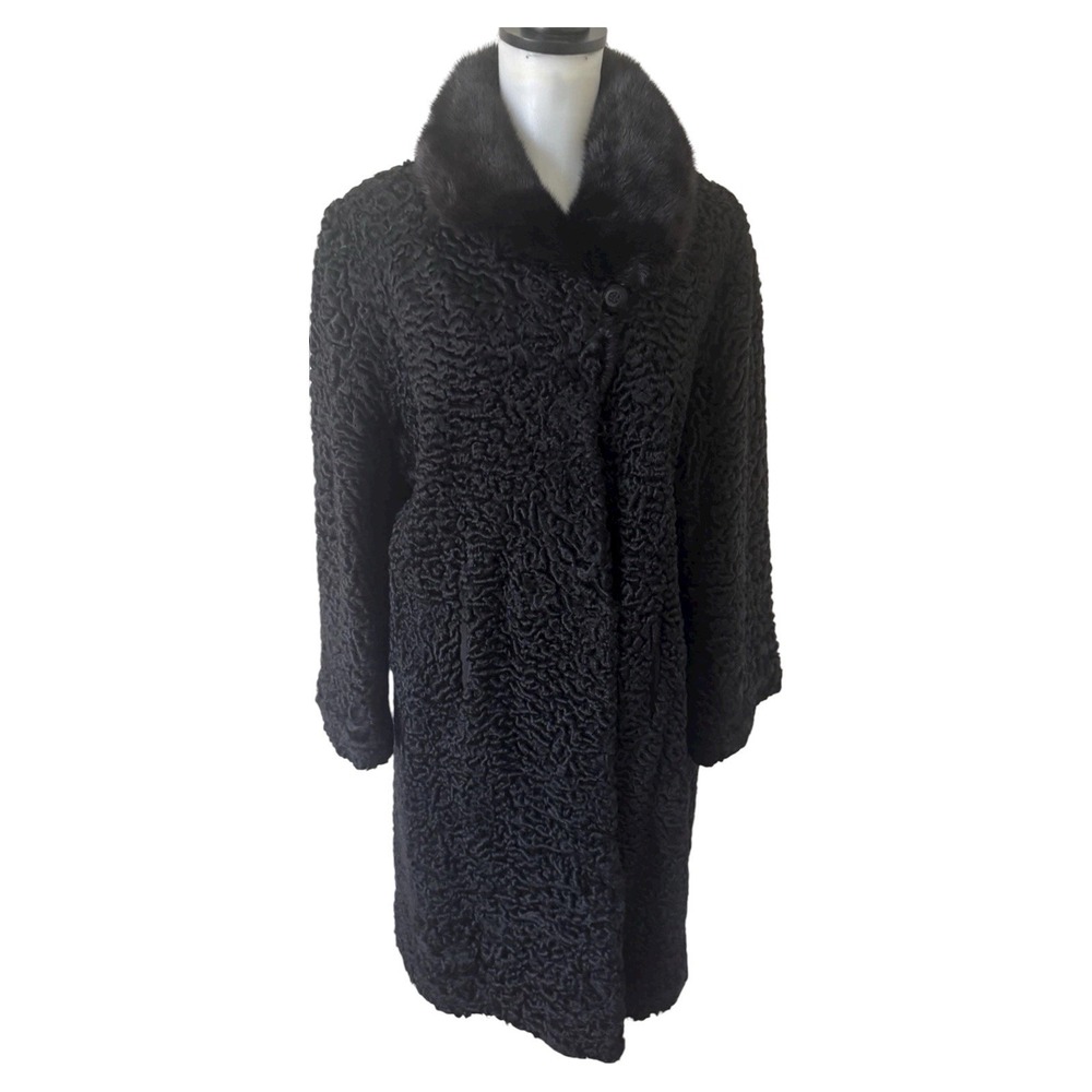 VTG The Halle Bros Co Black Persian Curly Lamb Fur Coat Mink Collar Small/Medium